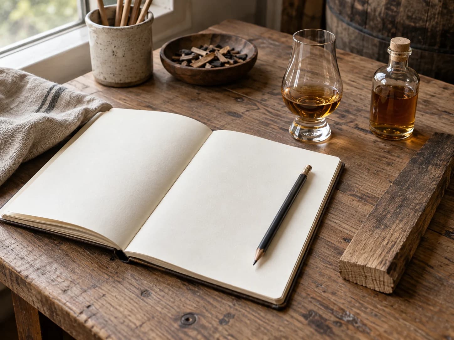 Illustration mit Verkostungsnotizen, Whiskyprobe und Eichenholz