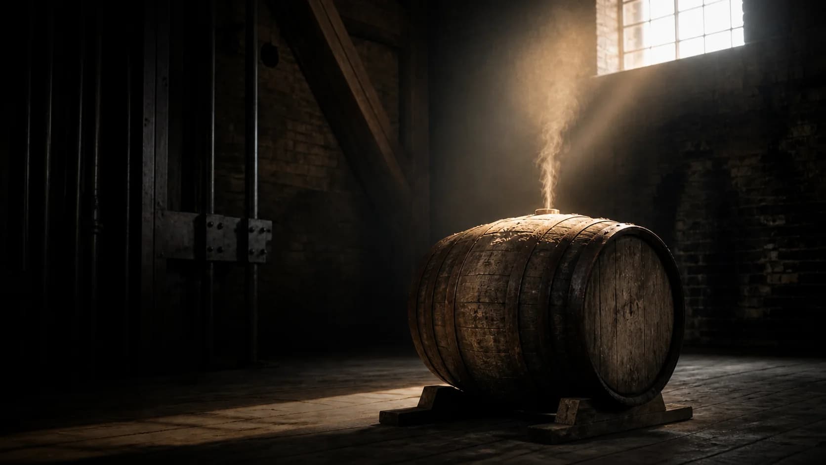 Illustration eines Whiskyfasses mit aufsteigendem Angel’s Share im Licht