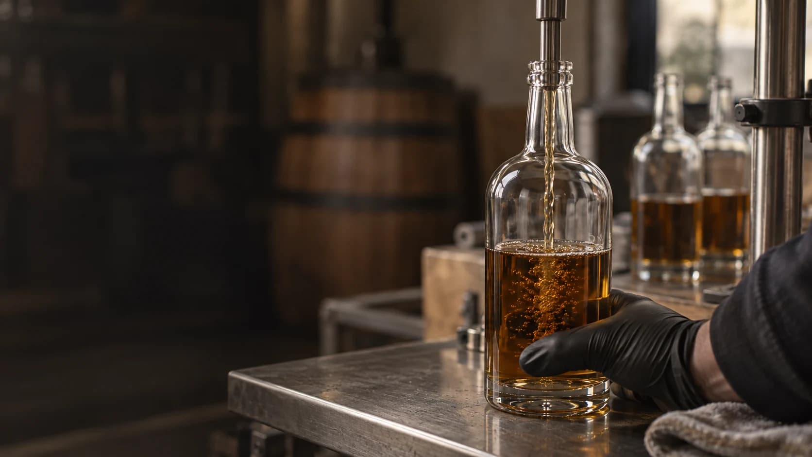 Illustration: Whisky fließt an einer Abfüllstation in eine Glasflasche